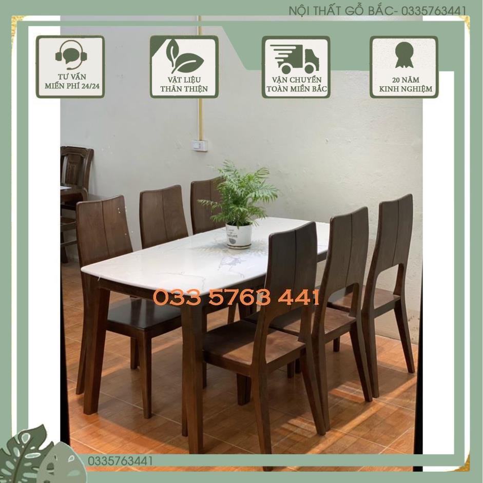 Bộ bàn ăn gỗ đẹp kiểu dáng hiện đại kèm ghế tựa lưng cao, bàn mặt đá hoặc mặt gỗ tùy chọn