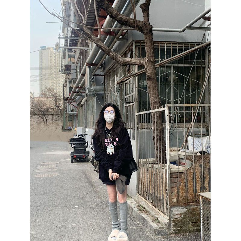 Áo Hoodie Dày Màu Đen Thời Trang Thu Đông Cho Nữ