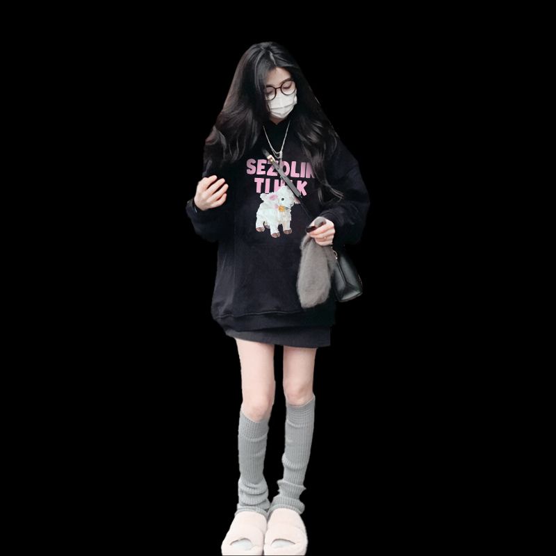Áo Hoodie Dày Màu Đen Thời Trang Thu Đông Cho Nữ