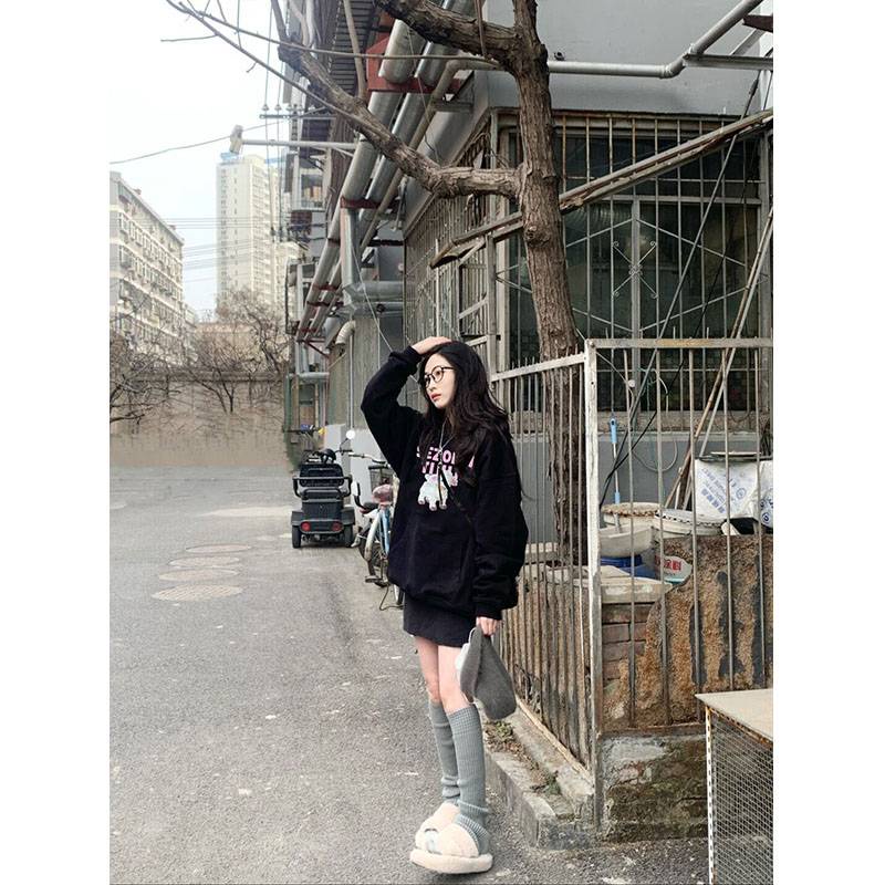 Áo Hoodie Dày Màu Đen Thời Trang Thu Đông Cho Nữ