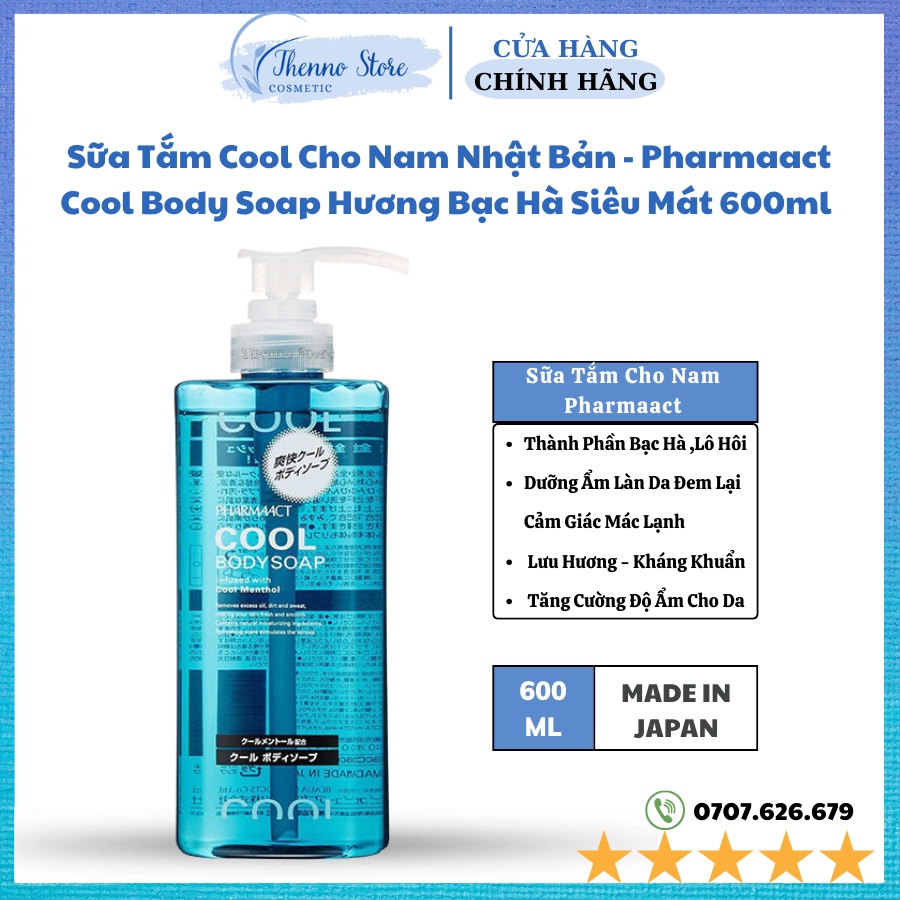 Sữa Tắm Cool Cho Nam Nhật Bản - Pharmaact Cool Body Soap Hương Bạc Hà Siêu Mát 600ml - Nhật Bản