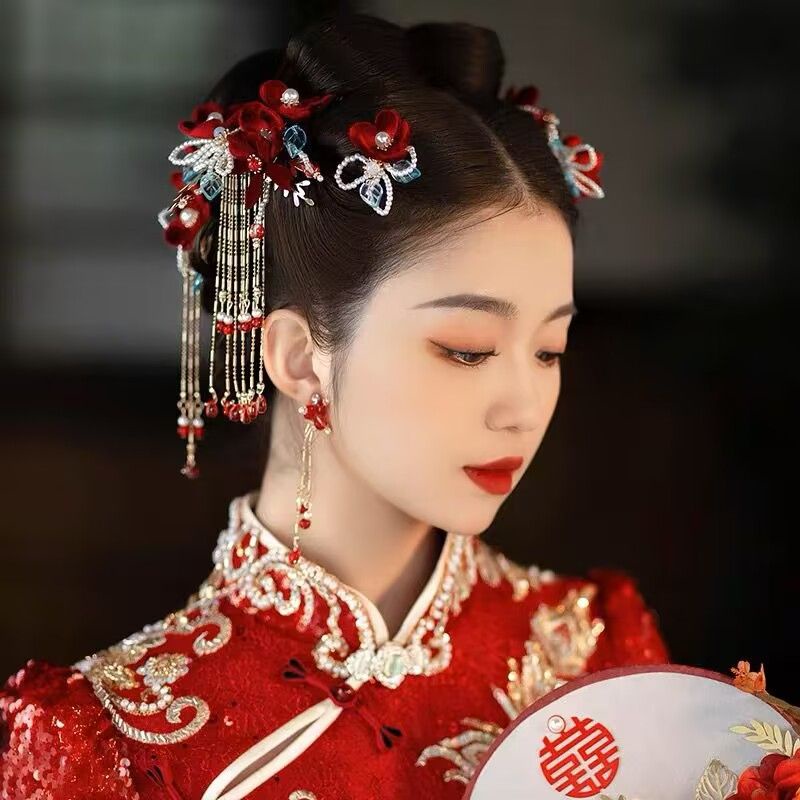 Trâm Cài Tóc Hoa Màu Đỏ Rượu Vang Phong Cách Trung Hoa Lắc Chân Phụ Kiện Đám Cưới Phong Cách Mới xiuhe Cổ Điển