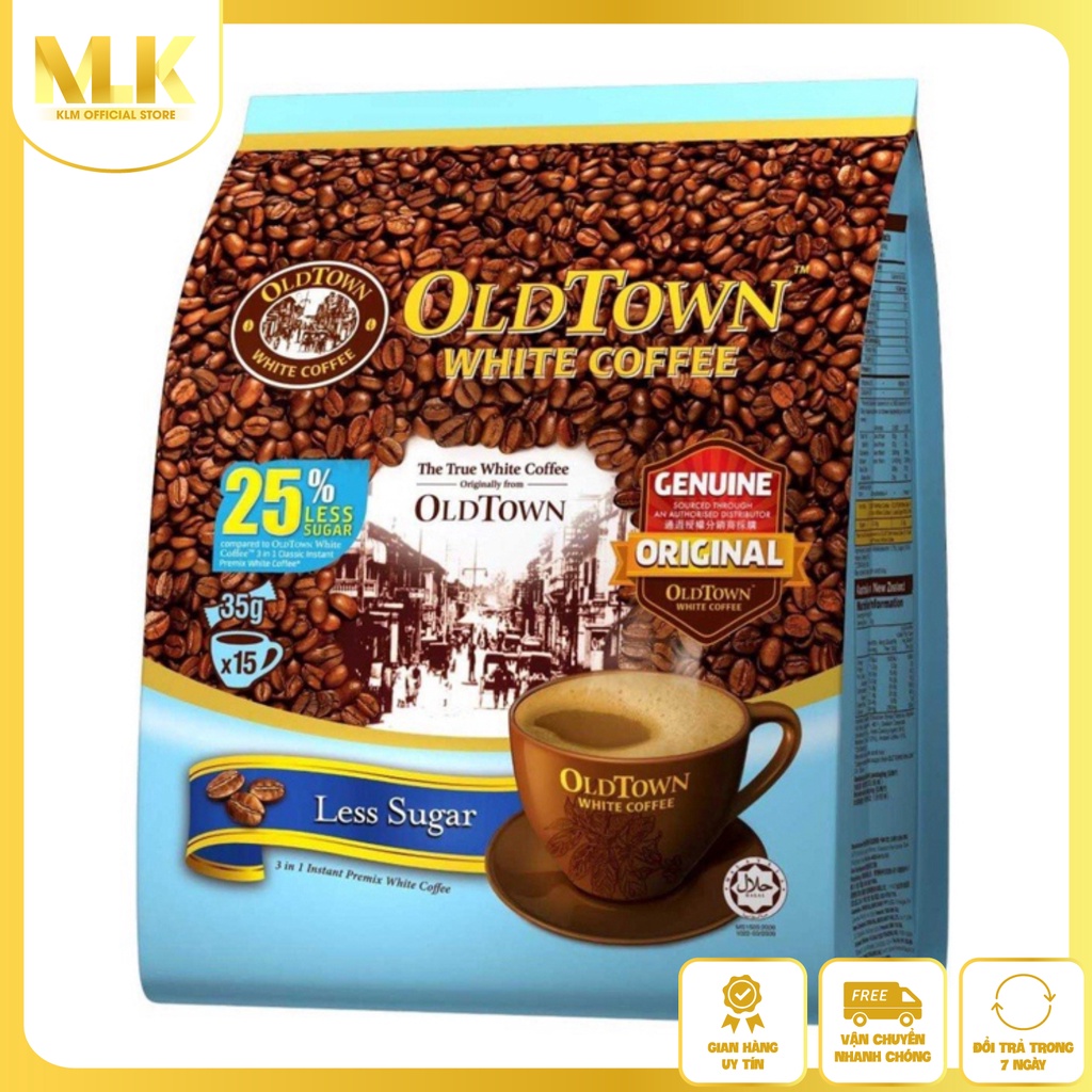Cà Phê Trắng OldTown White Coffee Less Sugar Ít Đường 3 Trong 1 Nguyên Chất, Thơm Ngon - Bịch 15 Gói x 35g