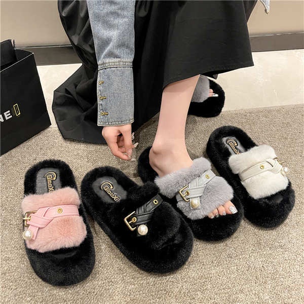 Thời Trang Dép cotton Đế Dày Phối Lông Xinh Xắn Dành Cho Nữ