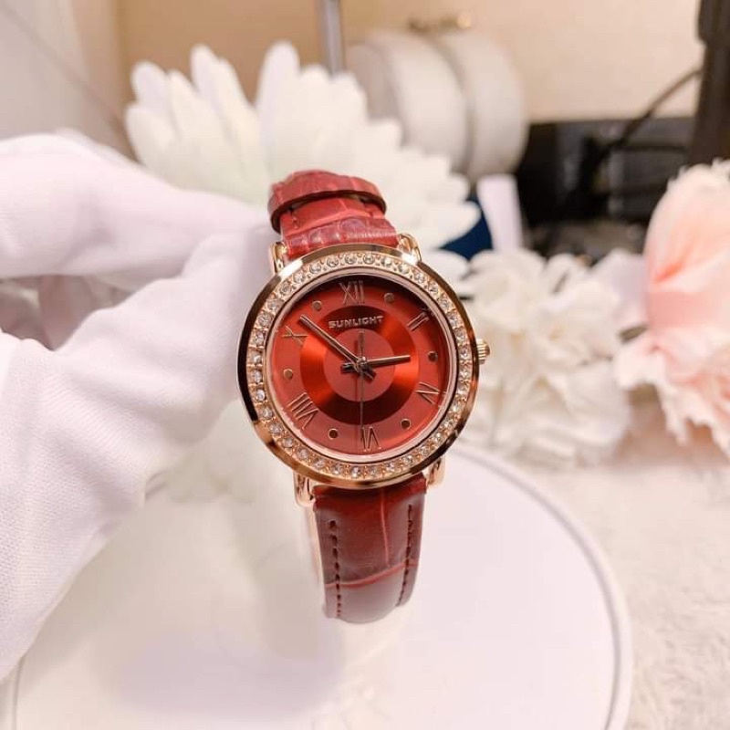 Đồng hồ nữ sunlight dây da đỏ case 30mm mã 334634