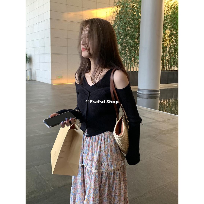 Áo Len Nữ Dài Tay Trễ Vai Giả Hai Lớp Thời Trang Hàn Mới