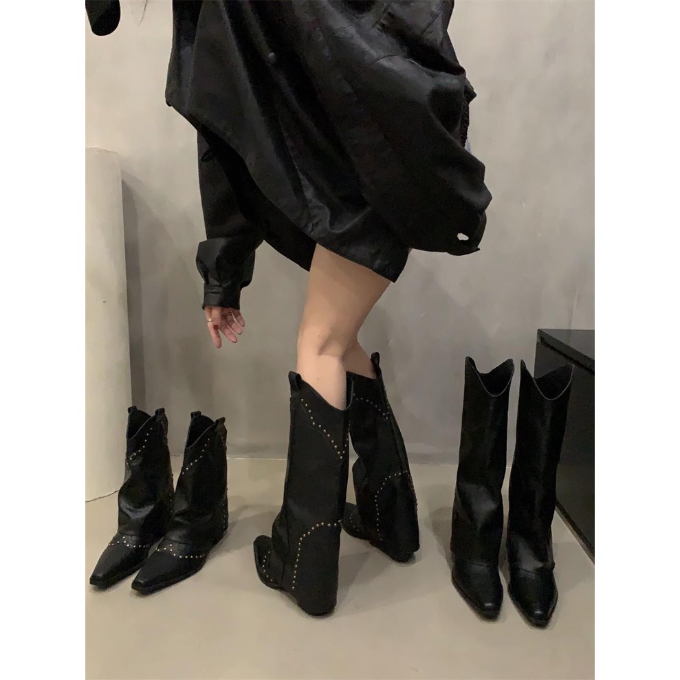 Giày Bốt Cao Gót Đính Đinh Tán Phong Cách retro Cá Tính