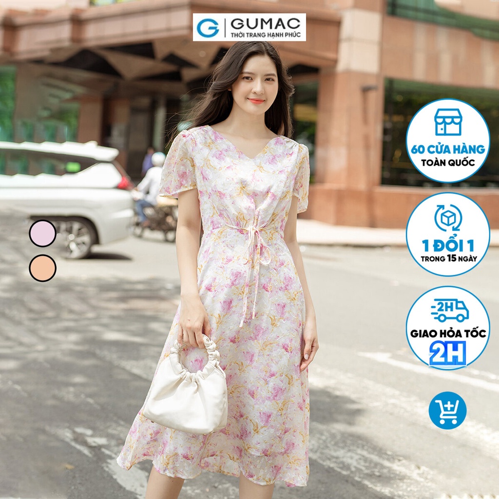 Đầm hoa thắt nơ eo thời trang GUMAC DD06015