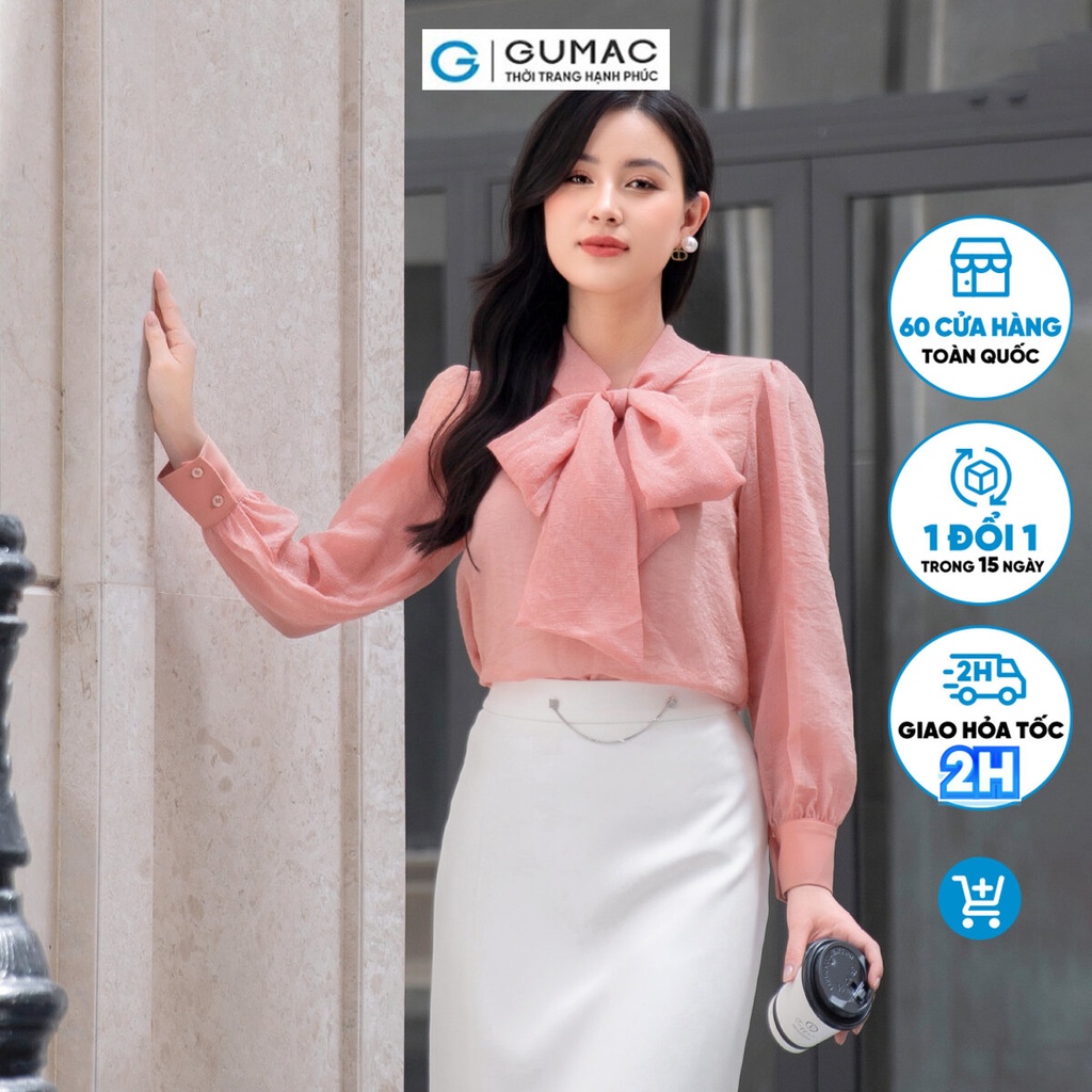Áo kiểu nữ thiết kế thắt nơ, màu trắng - hồng thanh lịch GUMAC AD09009