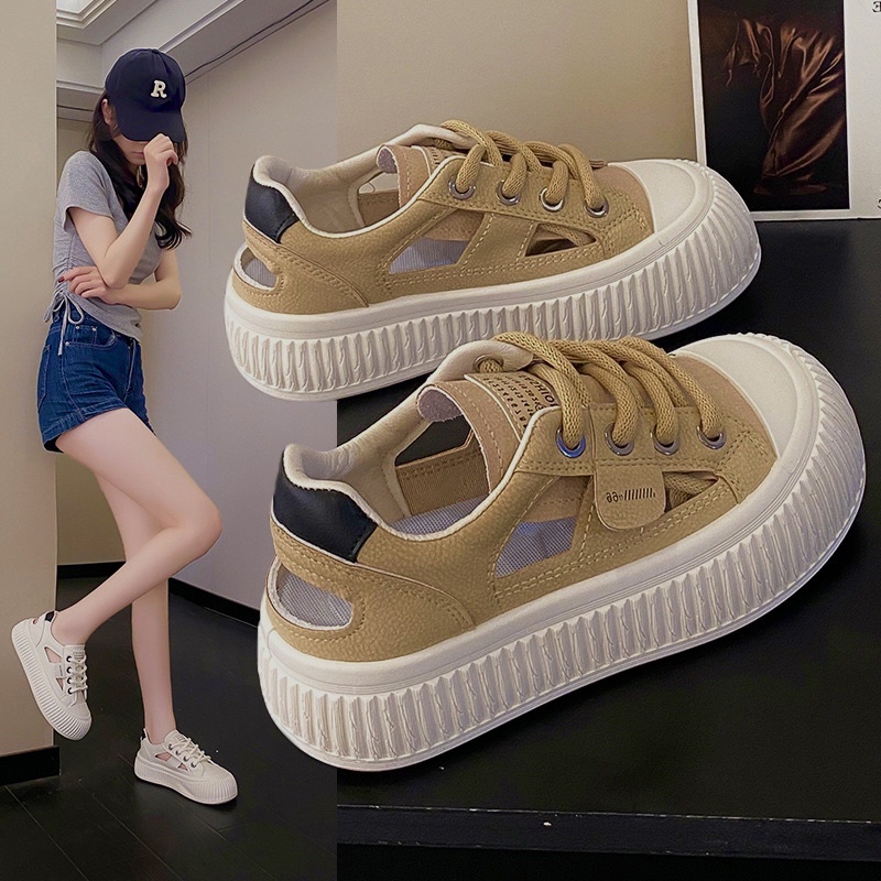 Giày thể thao nữ da Pu đế cao 5cm đế bằng khoét hở cách điệu