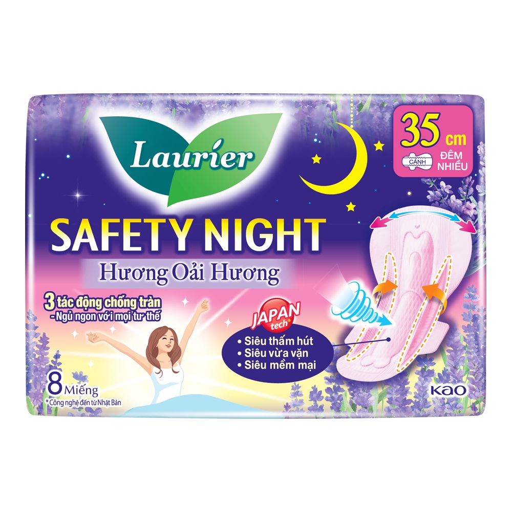 Băng vệ sinh Laurier Safety Night Đêm Siêu An Toàn 35 cm 8 miếng Hương Lavender