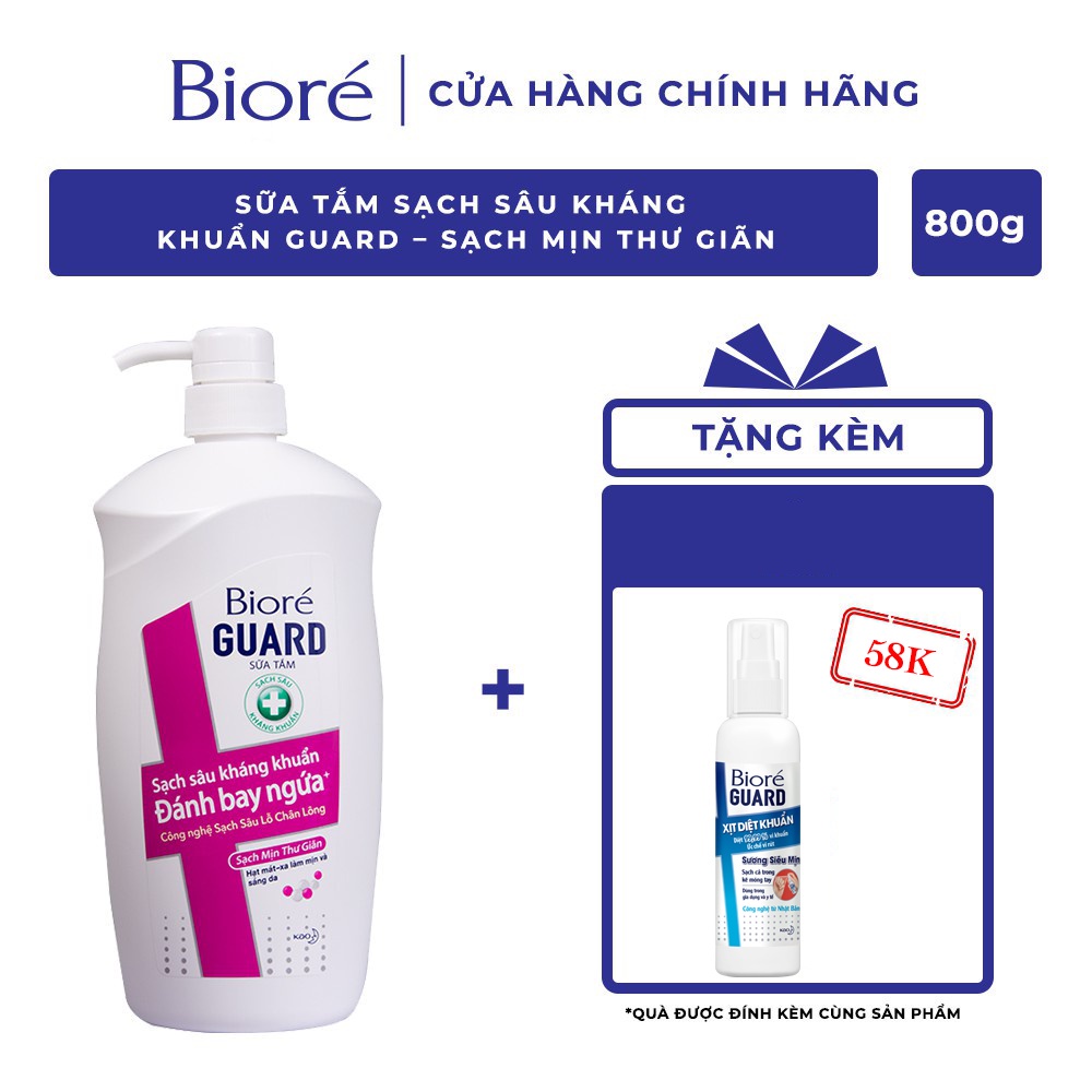 Sữa Tắm Sạch Sâu Kháng Khuẩn Bioré Guard 800g Tặng Xịt Diệt Khuẩn 150ml