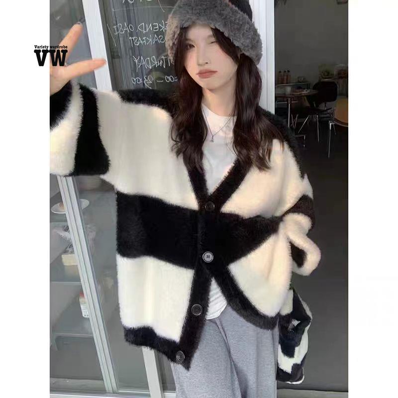 Mink Áo Khoác cardigan Cổ Chữ v Dáng Rộng Vải Lông Cừu Sáp Mềm Mại Kẻ Sọc Kiểu Hàn Quốc Thời Trang Xuân Thu