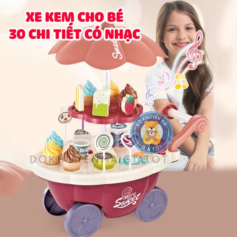 Bộ đồ chơi nấu ăn cho bé gái mẫu xe bán kem màu hồng 30 chi tiết có nhạc đèn có dù , trục xoay 360 độ0