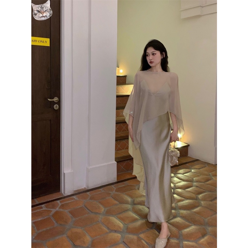 Đầm Hai Dây Cổ Chữ v Dáng Chữ a Vải satin Phong Cách Pháp Thời Trang Mùa Hè Cao Cấp Cho Nữ