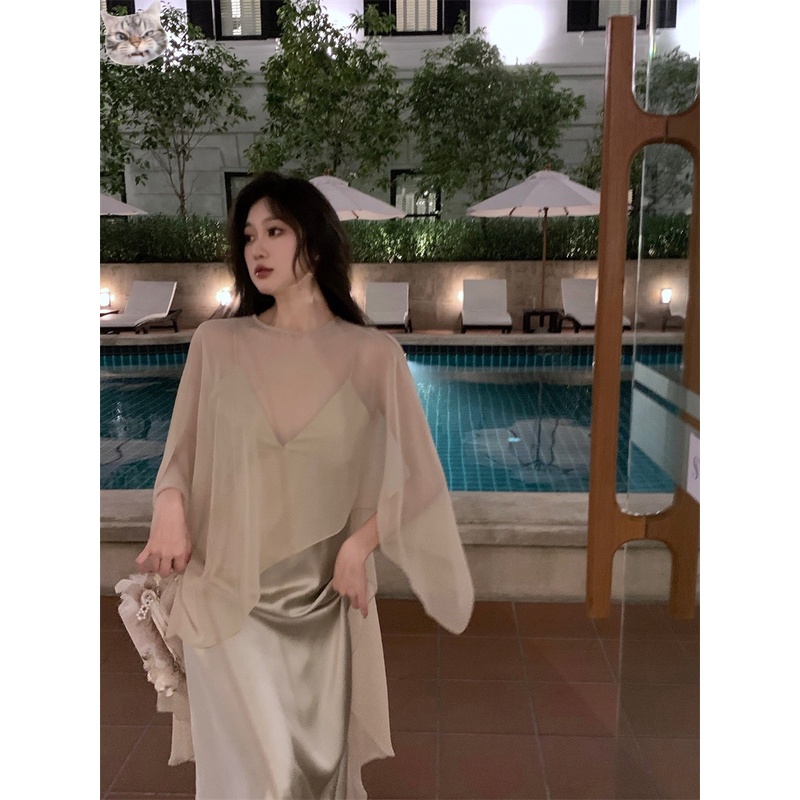 Đầm Hai Dây Cổ Chữ v Dáng Chữ a Vải satin Phong Cách Pháp Thời Trang Mùa Hè Cao Cấp Cho Nữ