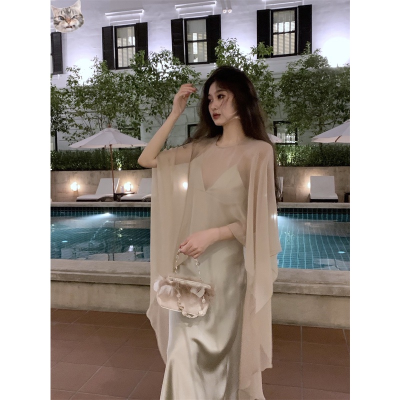 Đầm Hai Dây Cổ Chữ v Dáng Chữ a Vải satin Phong Cách Pháp Thời Trang Mùa Hè Cao Cấp Cho Nữ