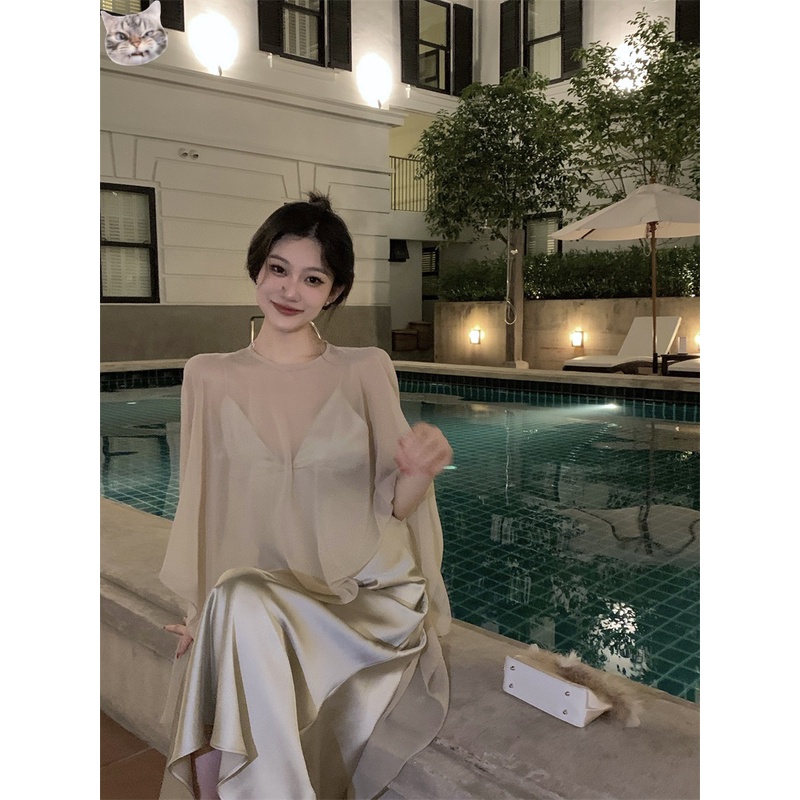 Đầm Hai Dây Cổ Chữ v Dáng Chữ a Vải satin Phong Cách Pháp Thời Trang Mùa Hè Cao Cấp Cho Nữ