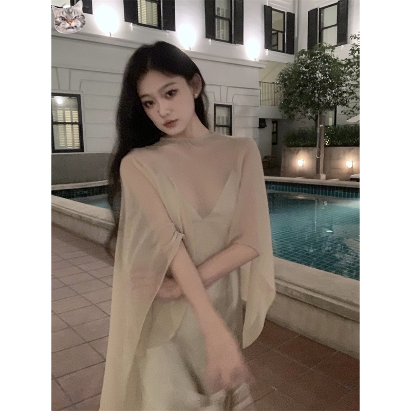 Đầm Hai Dây Cổ Chữ v Dáng Chữ a Vải satin Phong Cách Pháp Thời Trang Mùa Hè Cao Cấp Cho Nữ