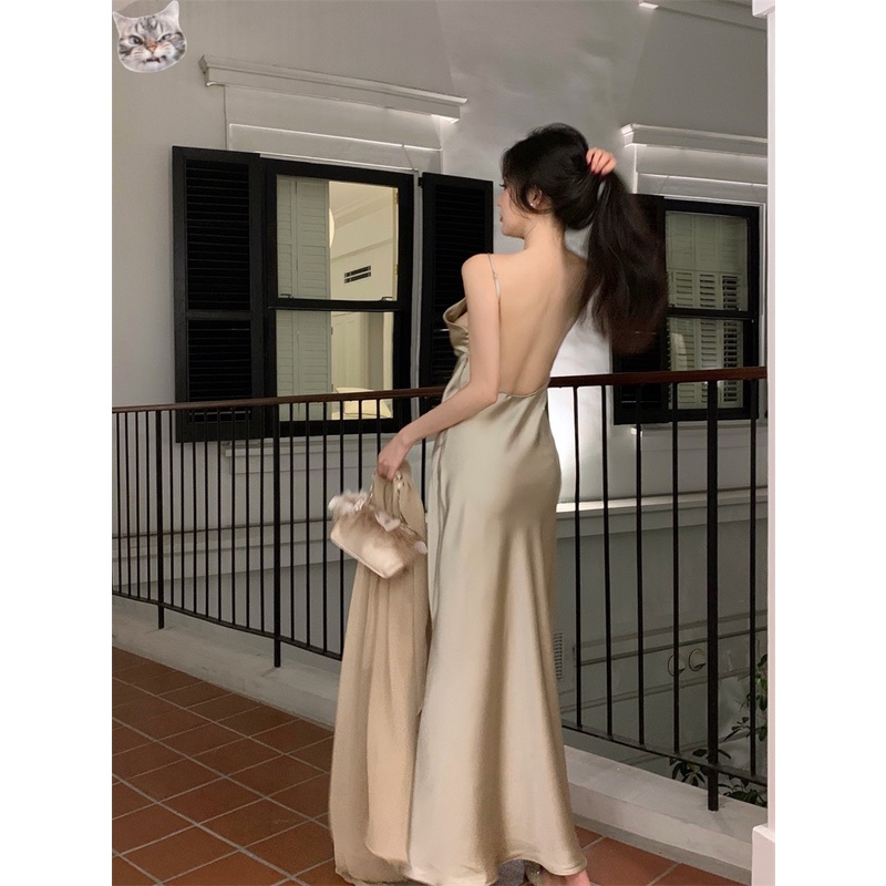 Đầm Hai Dây Cổ Chữ v Dáng Chữ a Vải satin Phong Cách Pháp Thời Trang Mùa Hè Cao Cấp Cho Nữ