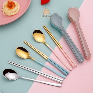 Bộ thìa dĩa cá nhân, hộp đựng thìa đũa văn phòng inox 304 kèm hộp có nắp đậy nhỏ gọn đáng yêu mang đi làm TM16