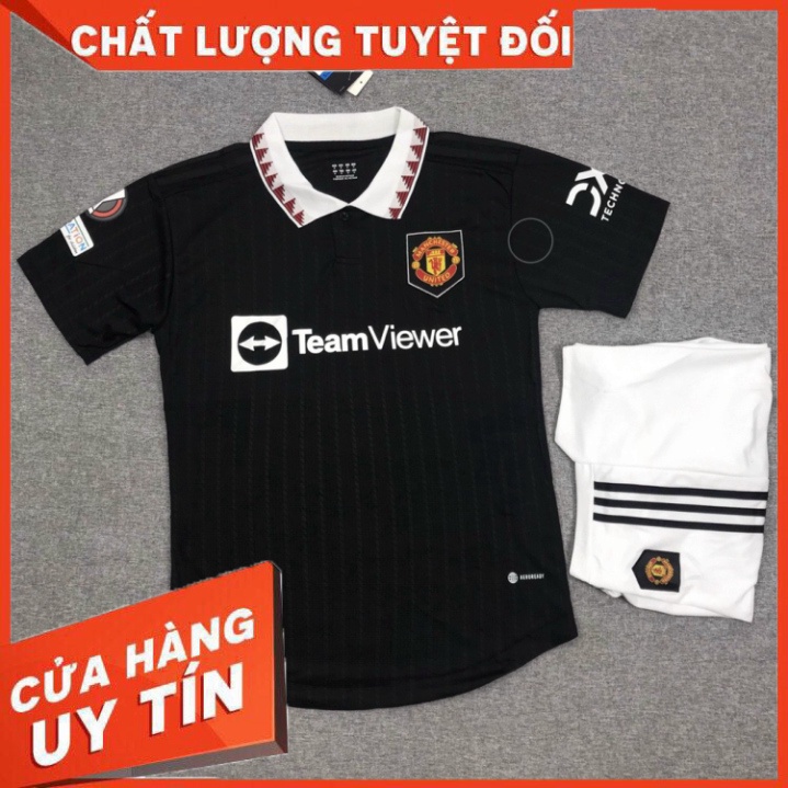 Bộ quần áo đá banh clb MU jersey 2022 2023 màu đen black có cổ bản đấu cúp C2 sẵn bage tay gai thái