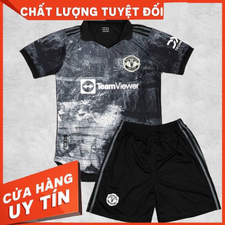 Bộ quần áo đá banh clb bóng đá MU jersey 2023 màu đen trắng xám black có cổ logo thêu gai thái mới- 