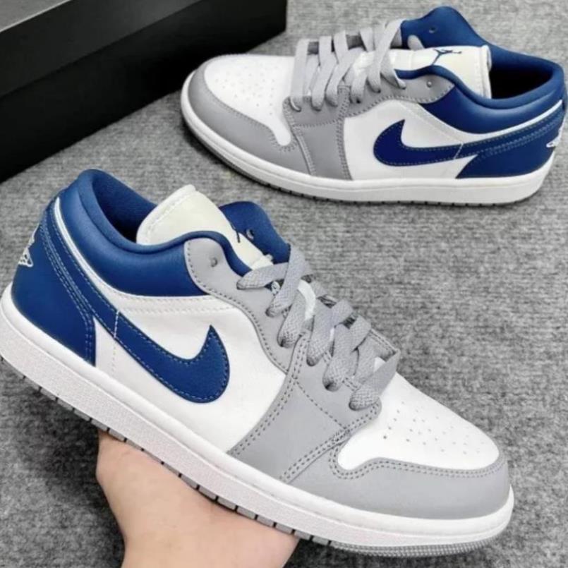 Giày Jordan Mũi Xám Gót Xanh Cổ Thấp, Giày Nike_Jordan 1 Low Stealth French Blue Hàng Cao Cấp Full Phụ Kiện.