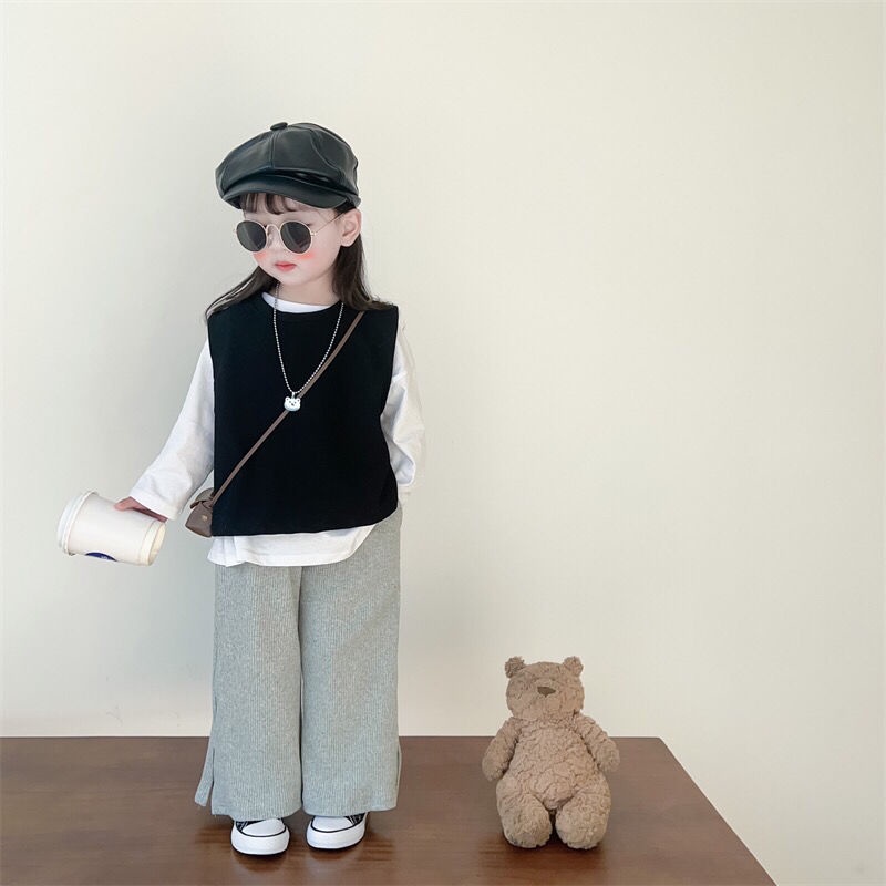 Xinxin ~ set Áo Thun Ba Lỗ + Quần Dài Ống Rộng + Áo Khoác Ngoài Phong Cách Phương Tây Hàn Quốc Mùa Xuân Cho Bé Gái