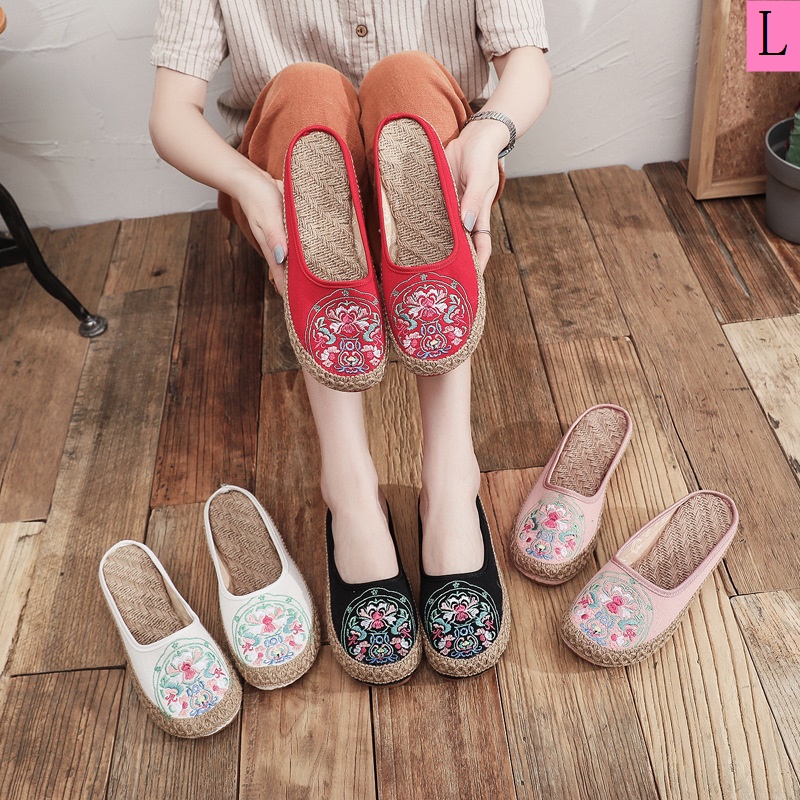 Dép Bít Mũi Vải Lanh cotton Thêu Họa Tiết Dân Tộc Phong Cách Mới Dành Cho Nữ