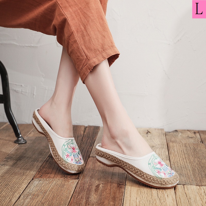 Dép Bít Mũi Vải Lanh cotton Thêu Họa Tiết Dân Tộc Phong Cách Mới Dành Cho Nữ