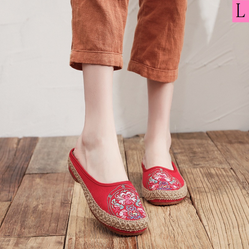 Dép Bít Mũi Vải Lanh cotton Thêu Họa Tiết Dân Tộc Phong Cách Mới Dành Cho Nữ