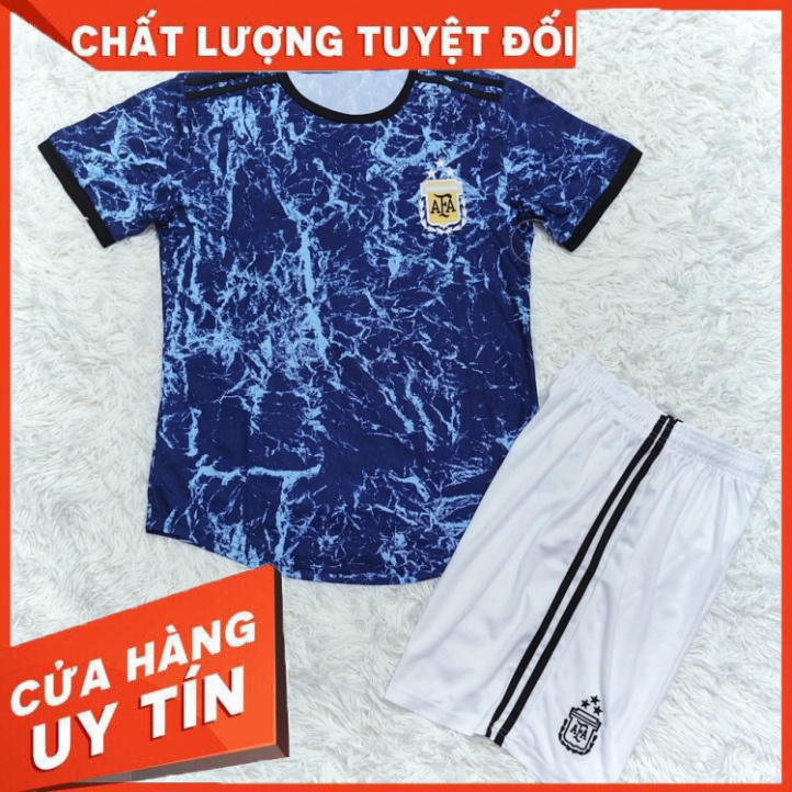 Quần áo đá banh clb bóng đá argentina 3 sao loang xanh logo thêu mịn cao cấp vải dệt kẻ lưới hoạ tiế