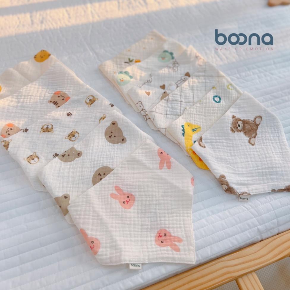 Yếm cổ xô Muslin Boona cao cấp cho bé gái, bé trai hình tròn hoa, tam giác nhiều hoạ tiết