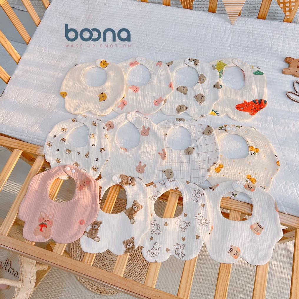 Yếm cổ xô Muslin Boona cao cấp cho bé gái, bé trai hình tròn hoa, tam giác nhiều hoạ tiết
