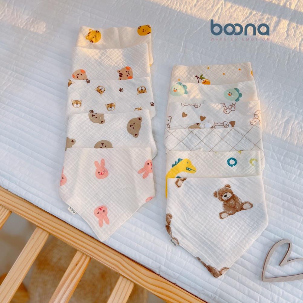 Yếm cổ xô Muslin Boona cao cấp cho bé gái, bé trai hình tròn hoa, tam giác nhiều hoạ tiết