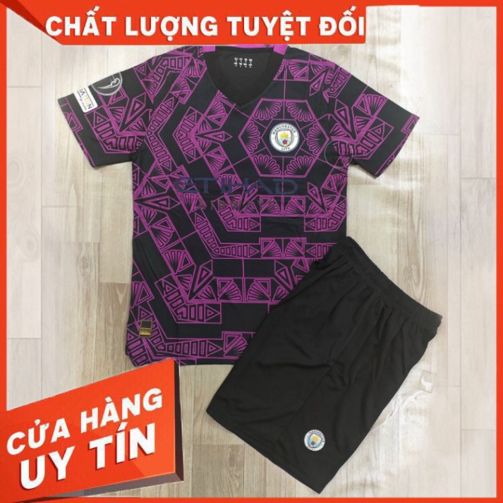 Bộ quần áo đá bóng mc man city màu tím đen vải thái logo thêu