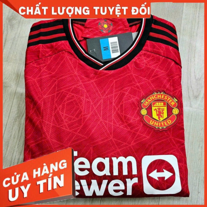 Bộ quần áo mu 23/24 dài tay sân nhà màu đỏ logo thêu vải spf thái quần trắng đen năm 2023 2024