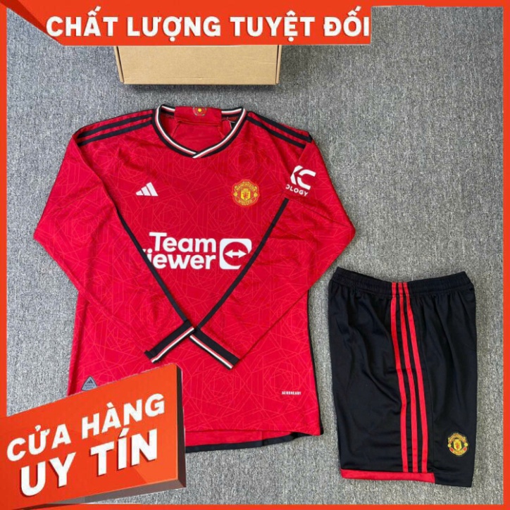Bộ quần áo mu 23/24 dài tay sân nhà màu đỏ logo thêu vải spf thái quần trắng đen năm 2023 2024