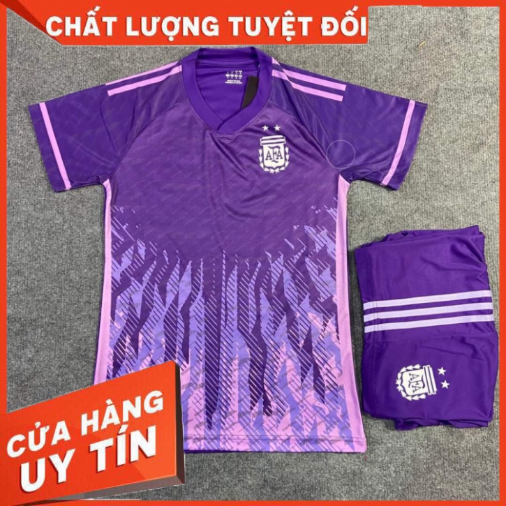 bộ quần áo đá banh đội tuyển bóng đá argentina màu tím violet thun thái lạnh logo in không xù không 