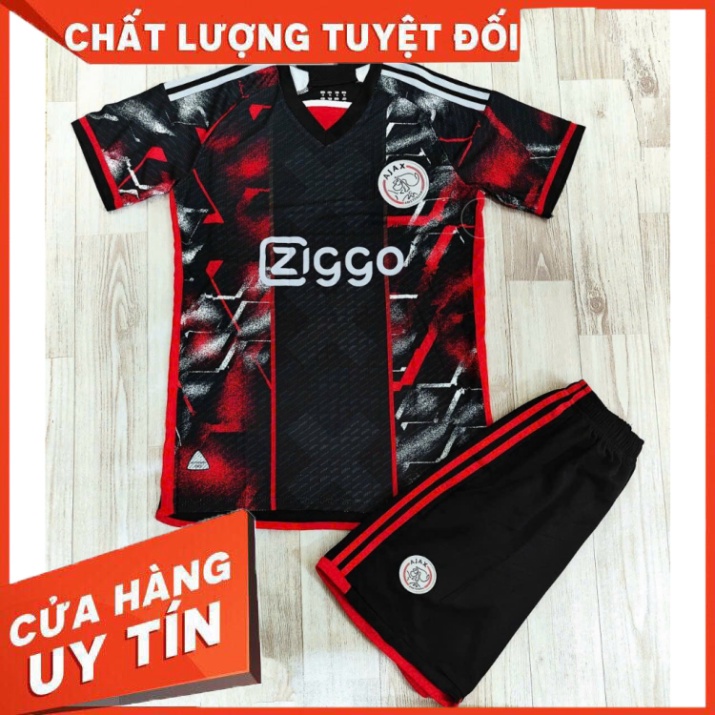 Bộ quần áo đá banh clb bóng đá fan người hâm mộ thiết kế ziggo ajax đen hoạ tiết đỏ logo thêu vải ga