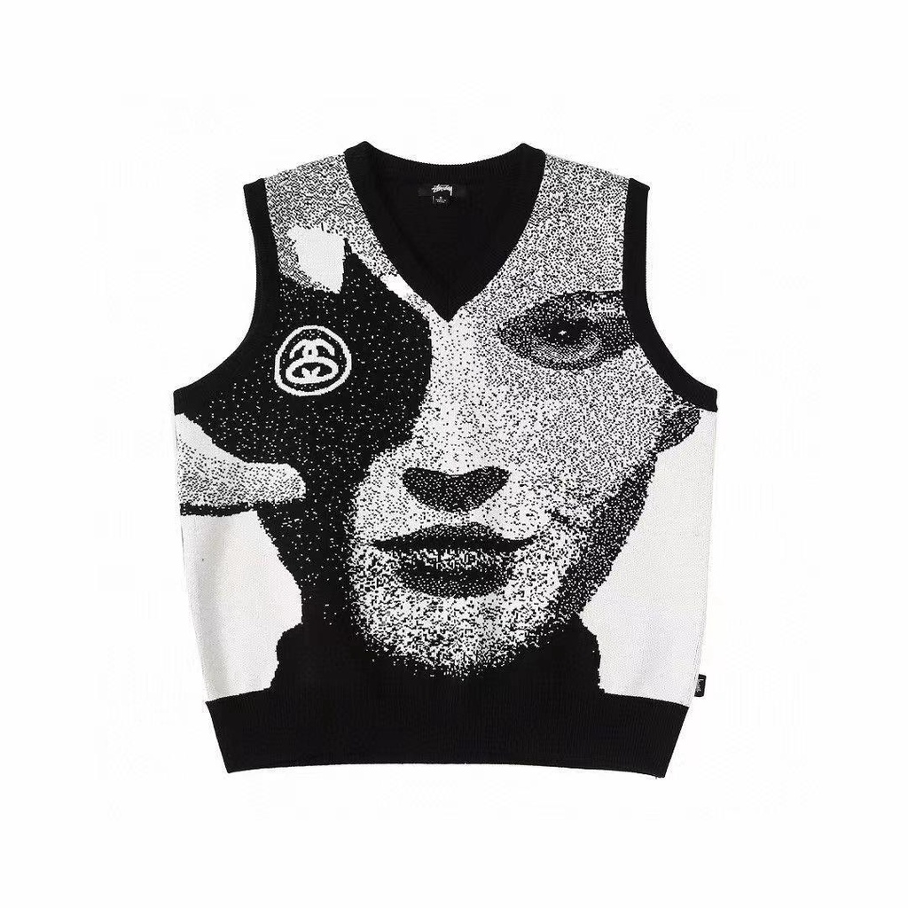 Áo sweater Dệt Kim Không Tay In Hình Khuôn Mặt Phong Cách Mỹ unisex
