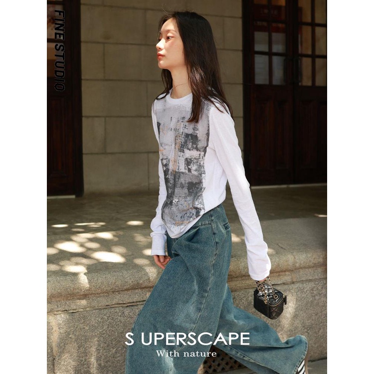 Fine studio Áo Thun cotton Tay Dài Cổ Tròn In Họa Tiết Màu Xám Trắng Chính Hãng