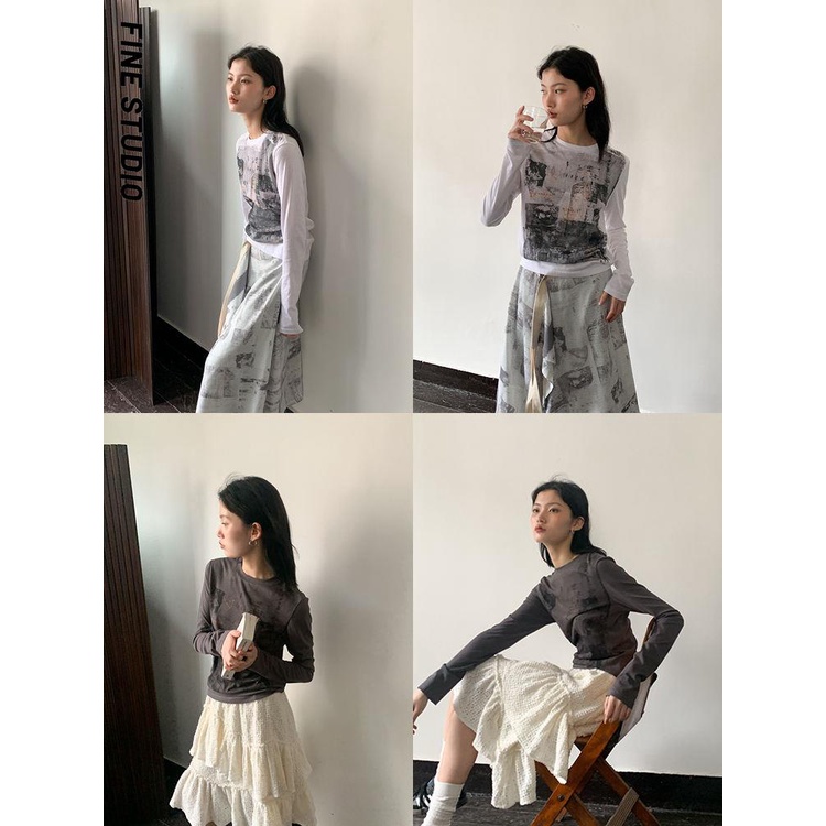 Fine studio Áo Thun cotton Tay Dài Cổ Tròn In Họa Tiết Màu Xám Trắng Chính Hãng