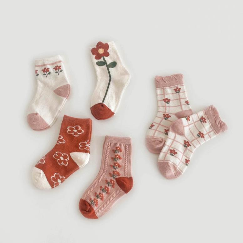 Set 5 đôi tất cotton hoa cam bé gái cổ cao viền bèo sợi bông mềm mại thoáng khi khử mùi Softie te3