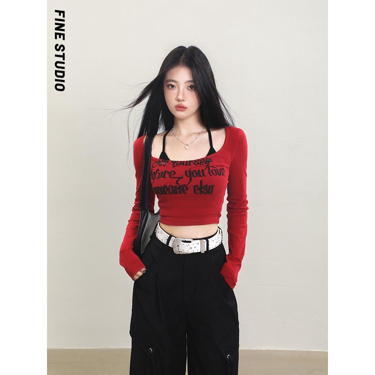 Fine studio Áo Thun Ngắn Hai Dây Tay Dài In Họa Tiết Mùa Thu Ngọt Ngào Cho Nữ