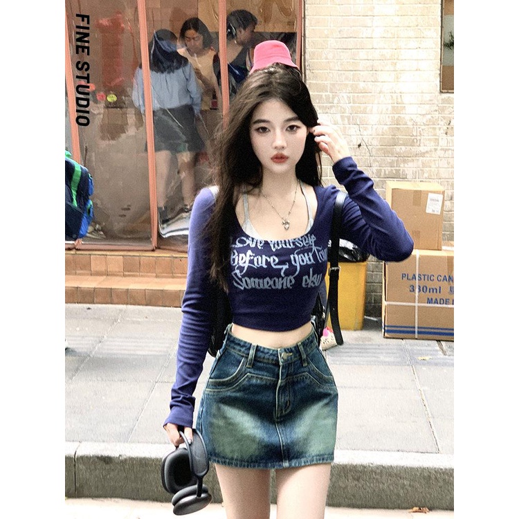 Fine studio Áo Thun Ngắn Hai Dây Tay Dài In Họa Tiết Mùa Thu Ngọt Ngào Cho Nữ