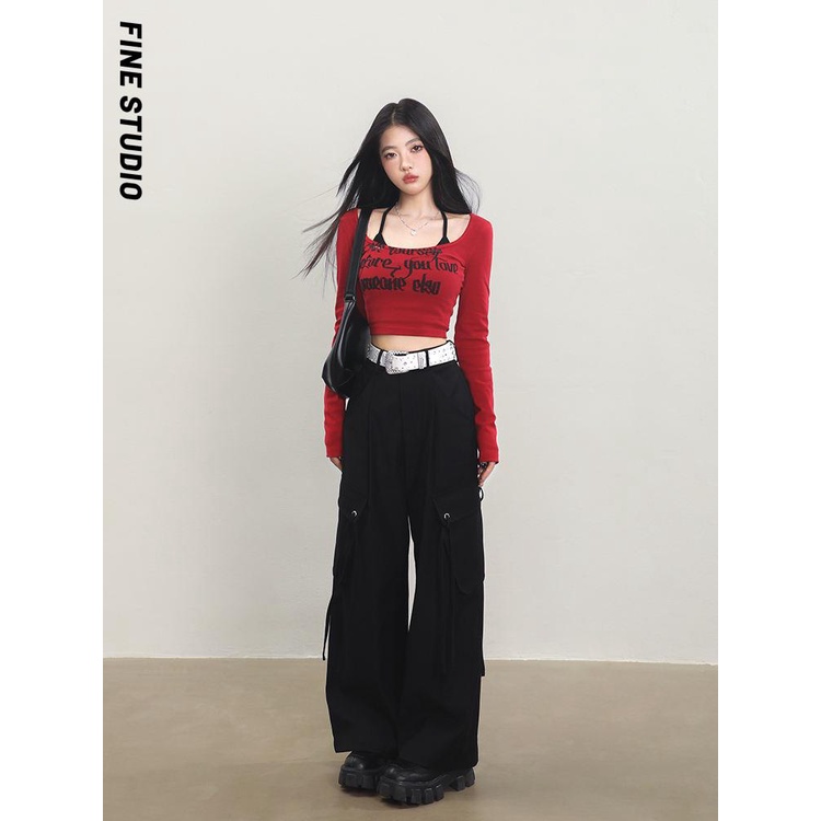 Fine studio Áo Thun Ngắn Hai Dây Tay Dài In Họa Tiết Mùa Thu Ngọt Ngào Cho Nữ