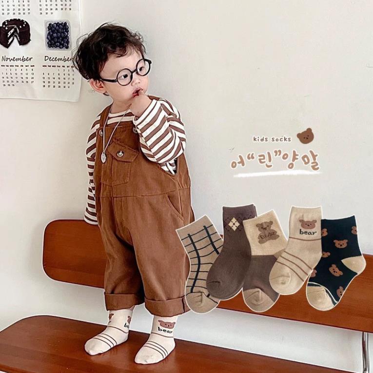 Set 5 đôi tất cotton gấu nâu kẻ bé trai , gái sợi bông mềm mại thoáng khi khử mùi Softie te5