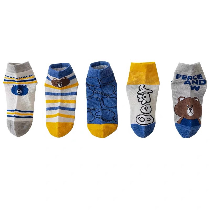 Set 5 đôi tất cotton gấu xanh kẻ bé trai , gái sợi bông mềm mại thoáng khi khử mùi Softie te1